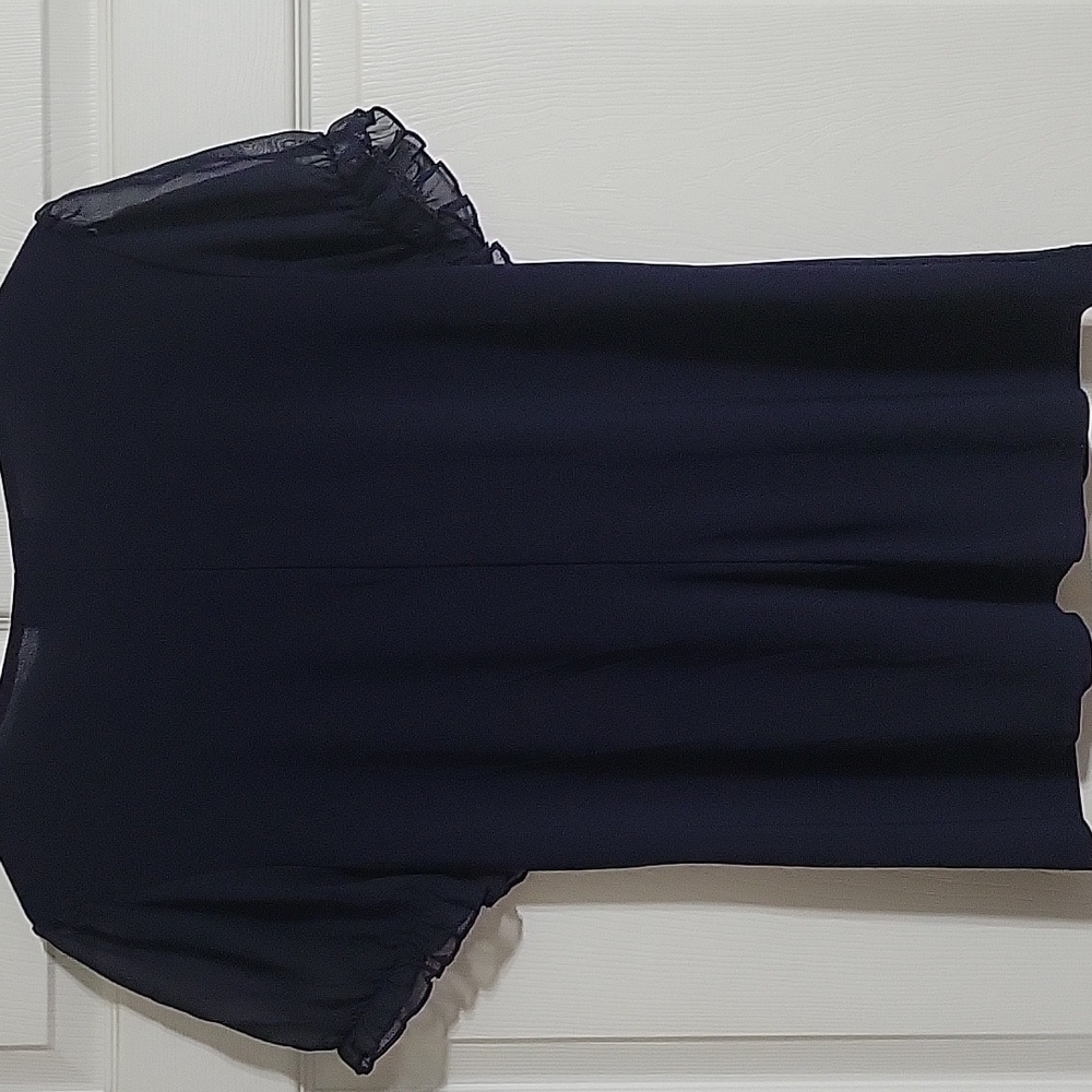 Adele & May Navy Polka Dot Bow Blouse V-Neck Sheer Ruffle Sleeve Size Large - Picture 8 of 9